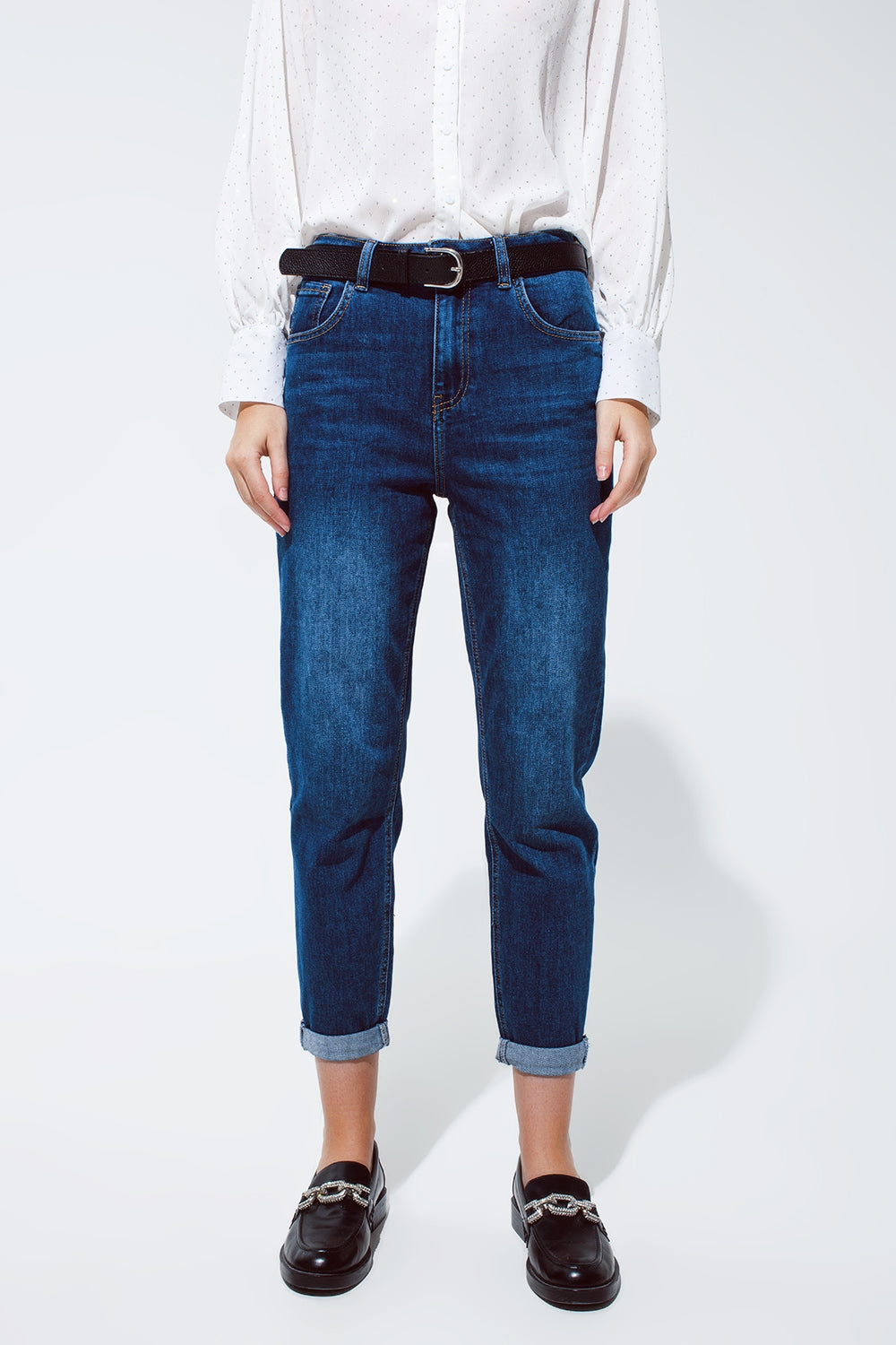 Mum Jean in Medium Wash With Folded Hem - Jeans