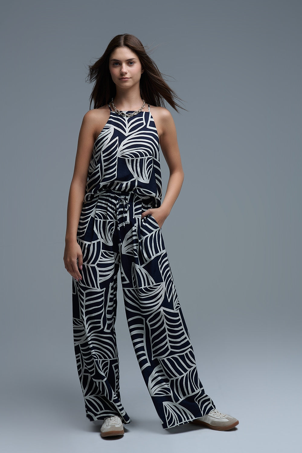 Navy and White Sleeveless Halter Top with White Leaf Print - Tops