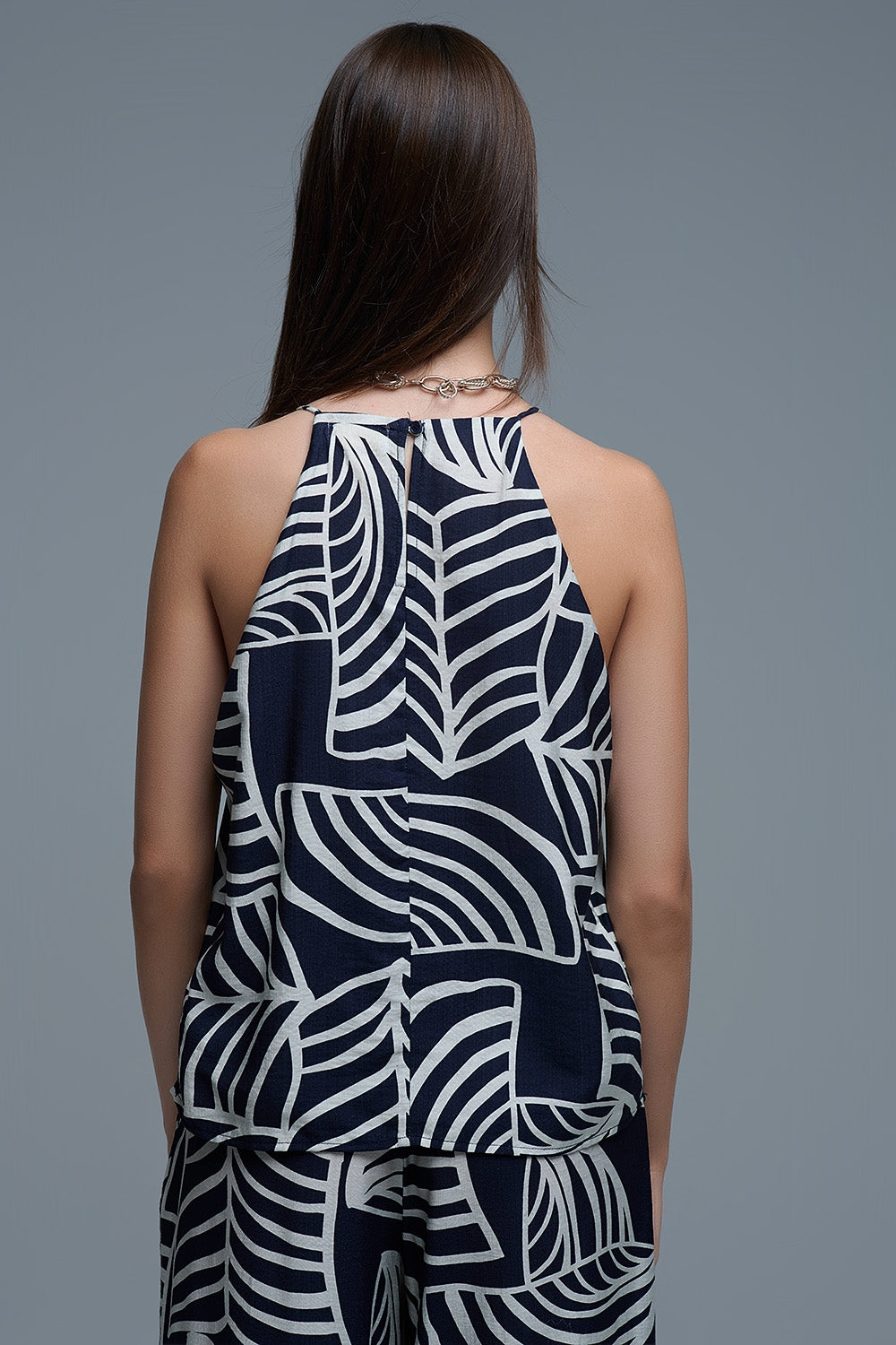 Navy and White Sleeveless Halter Top with White Leaf Print - Tops