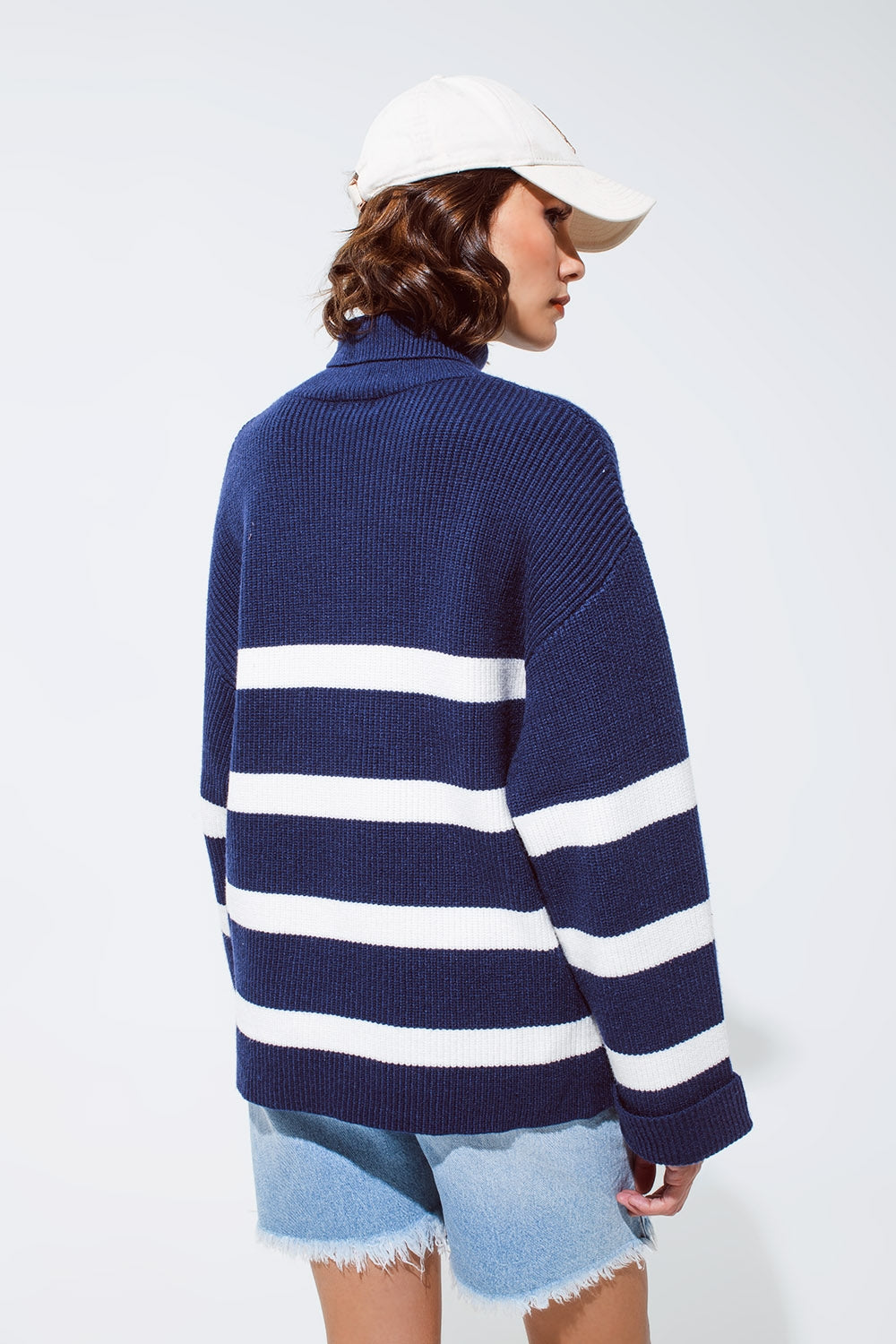 Navy blue turtle neck sweater in navy with stripes Q2 Sweaters BoutiqueLua
