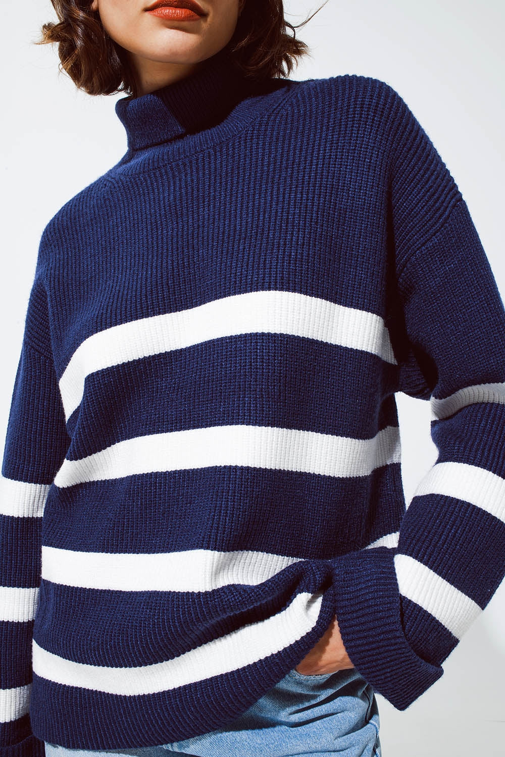 Navy blue turtle neck sweater in navy with stripes Q2 Sweaters BoutiqueLua