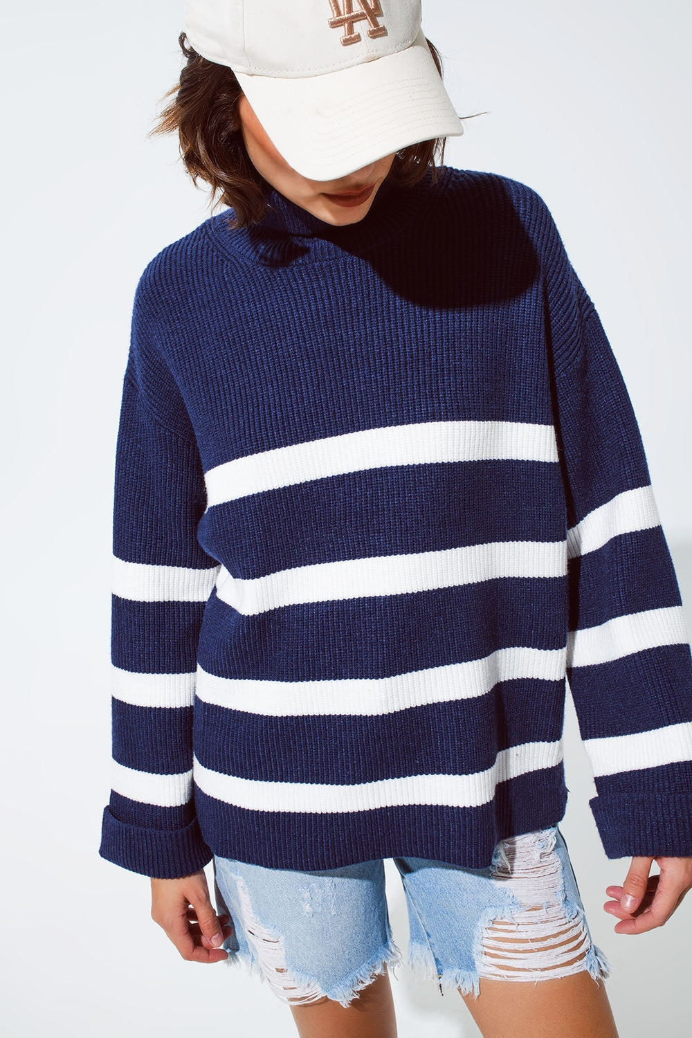 Navy blue turtle neck sweater in navy with stripes Q2 Sweaters BoutiqueLua