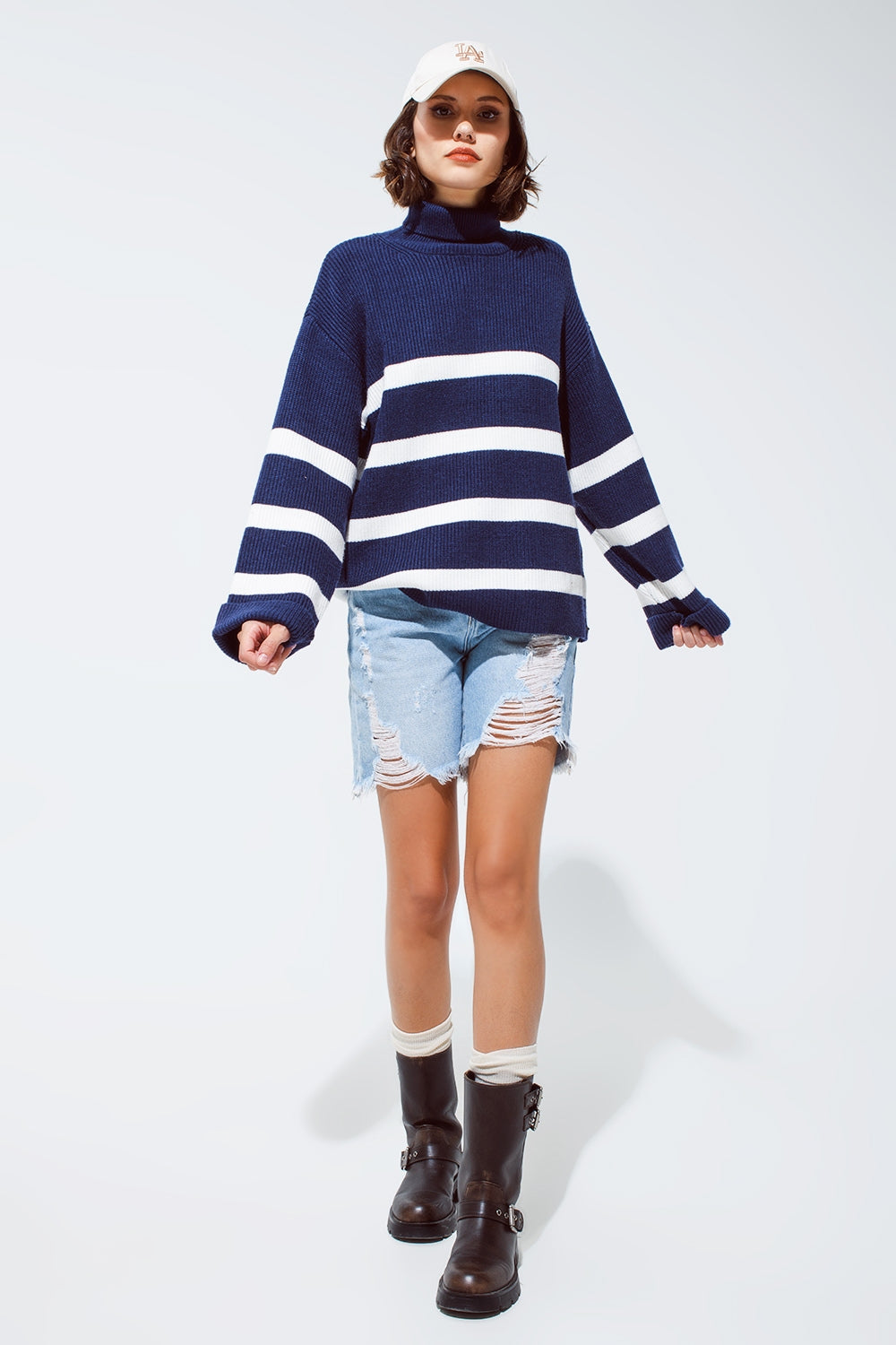 Navy blue turtle neck sweater in navy with stripes Q2 Sweaters BoutiqueLua