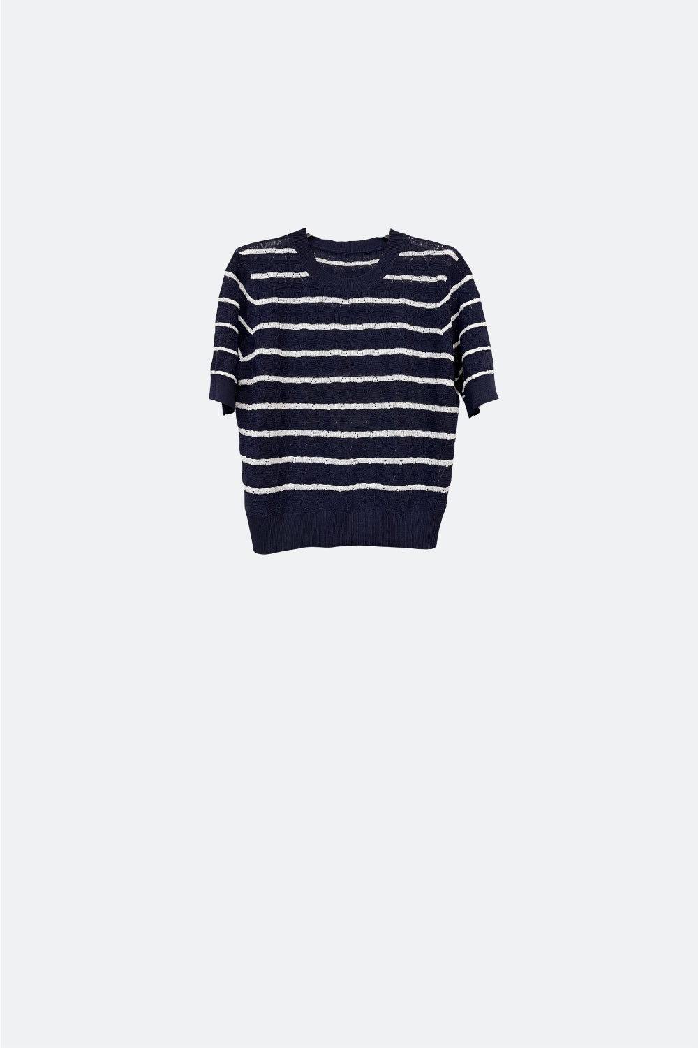 Navy Openwork knit sweater with Short Sleeves and white Stripes - Jumpers