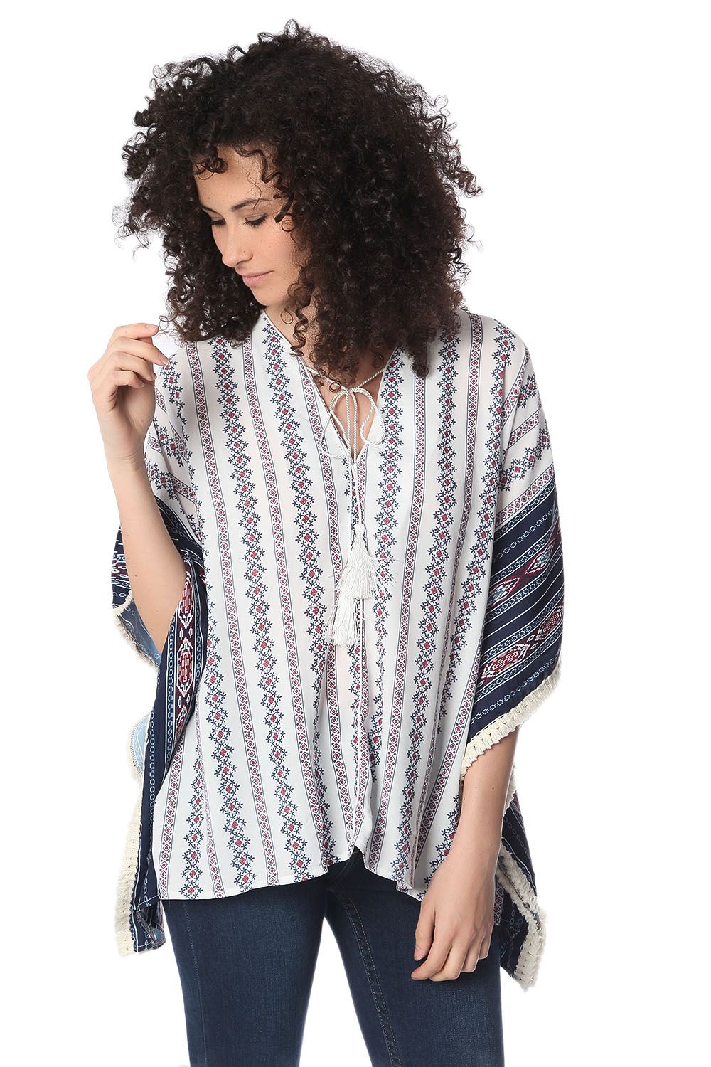 Navy oversized poncho top in tribe print - Ponchos