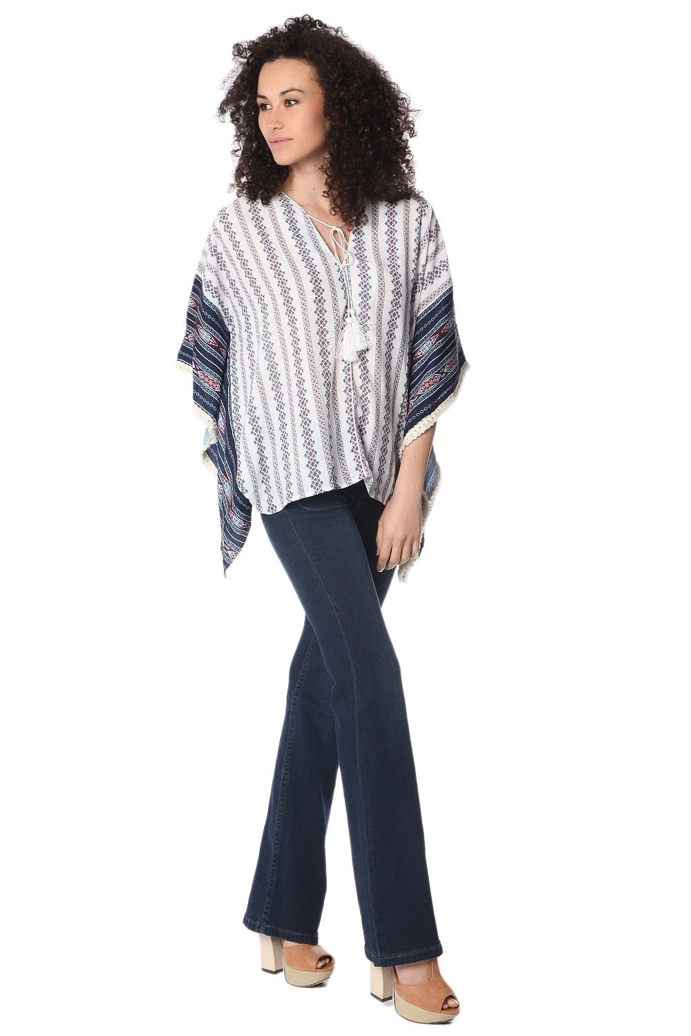 Navy oversized poncho top in tribe print - Ponchos