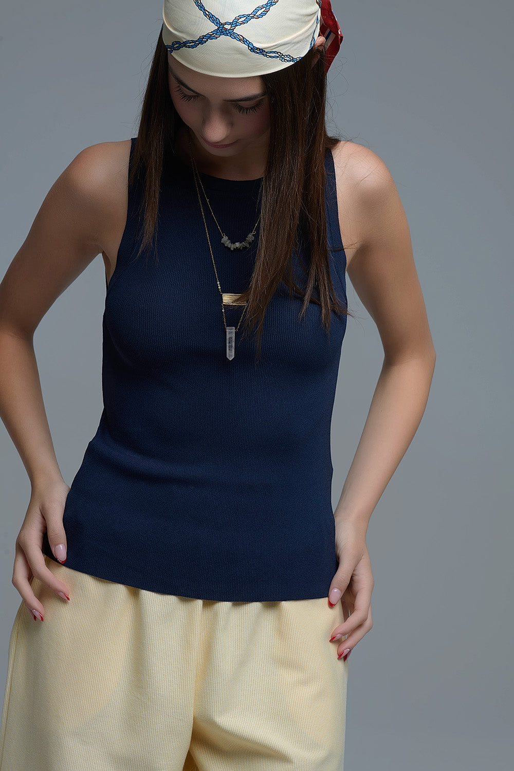 Navy Ribbed fine knit Sleeveless Top - Tops