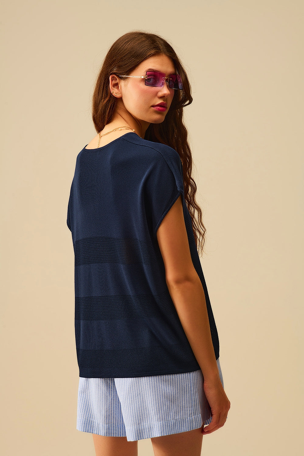 Navy Striped Texture Knit sweater - Sweaters