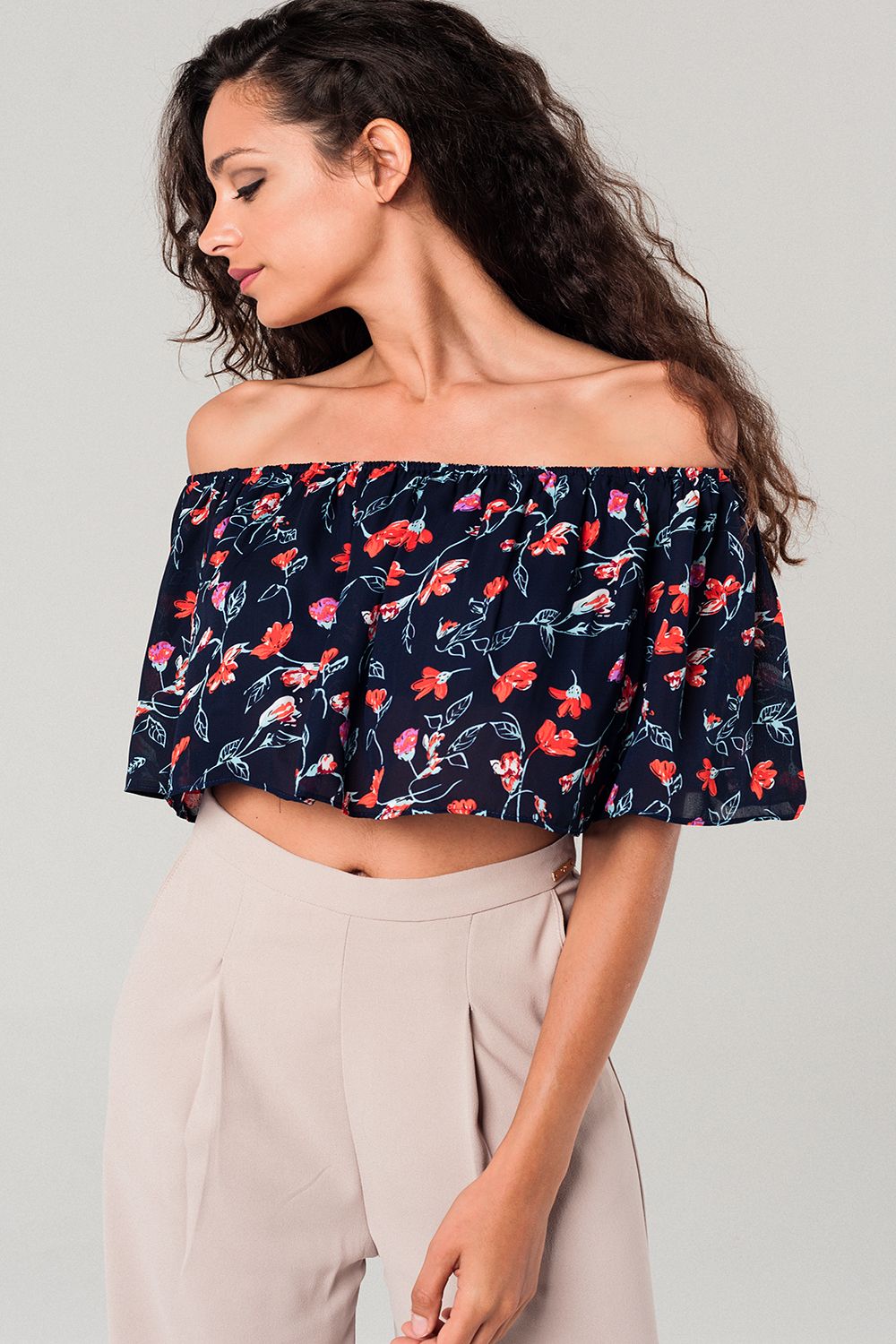 Off shoulder floral crop top in navy - Crop Tops