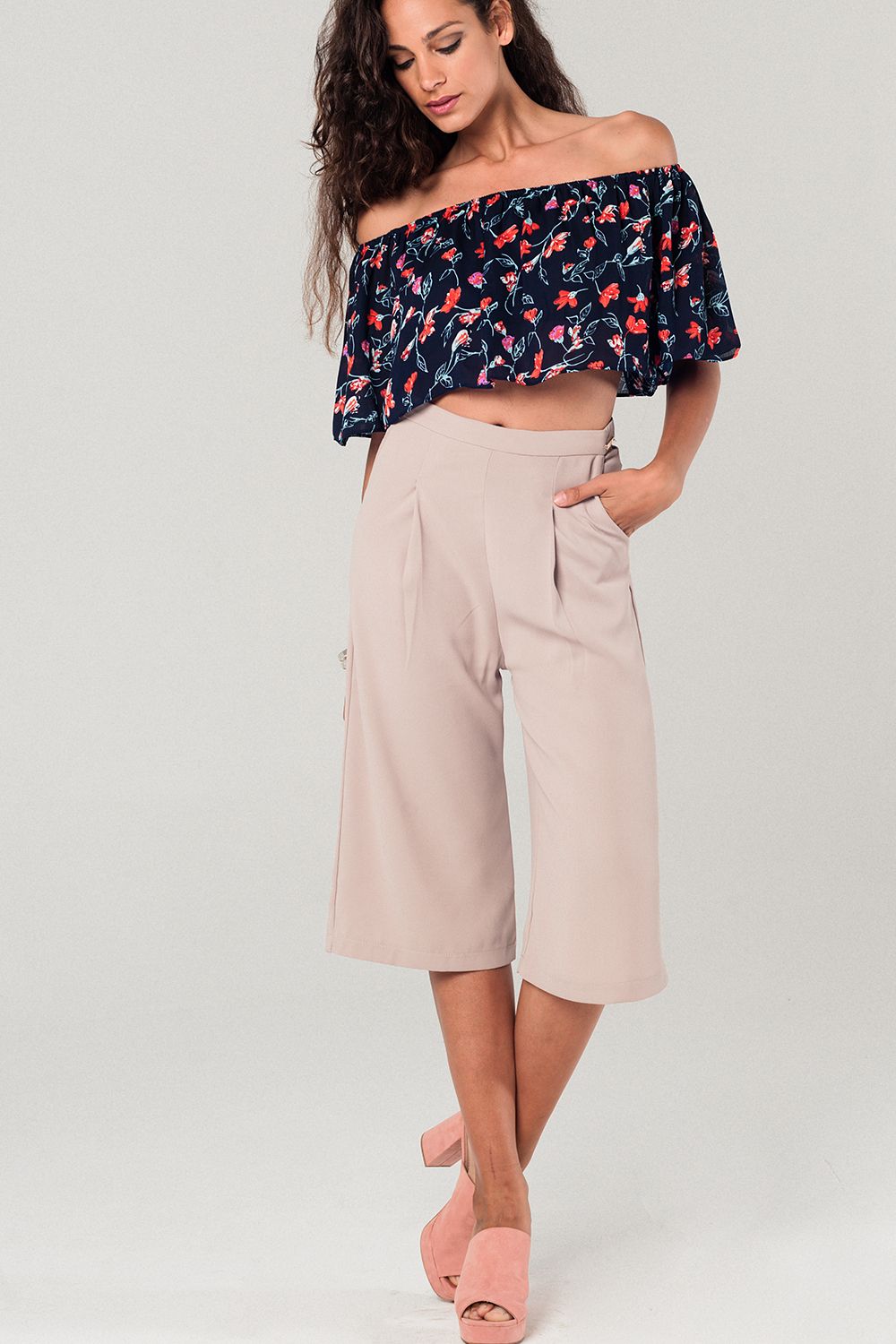 Off shoulder floral crop top in navy - Crop Tops