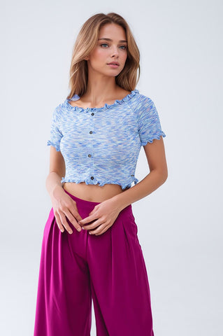 Haut court en tricot à épaules dénudées en bleu