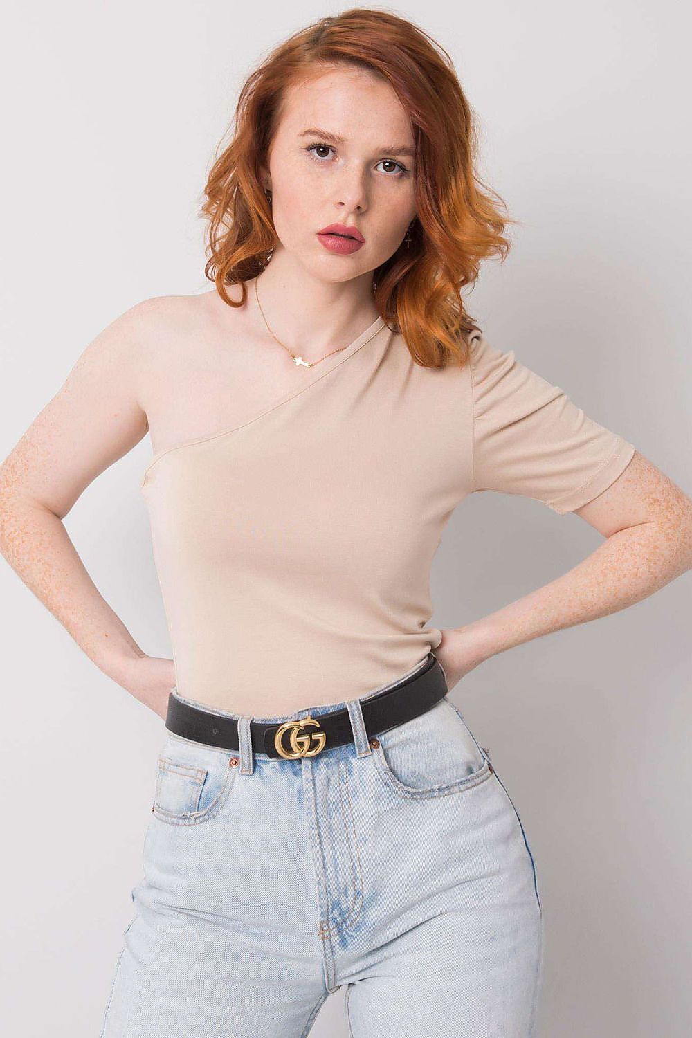 Boutique Lua One Shoulder Casual Top with Puff Sleeve beige 2 -