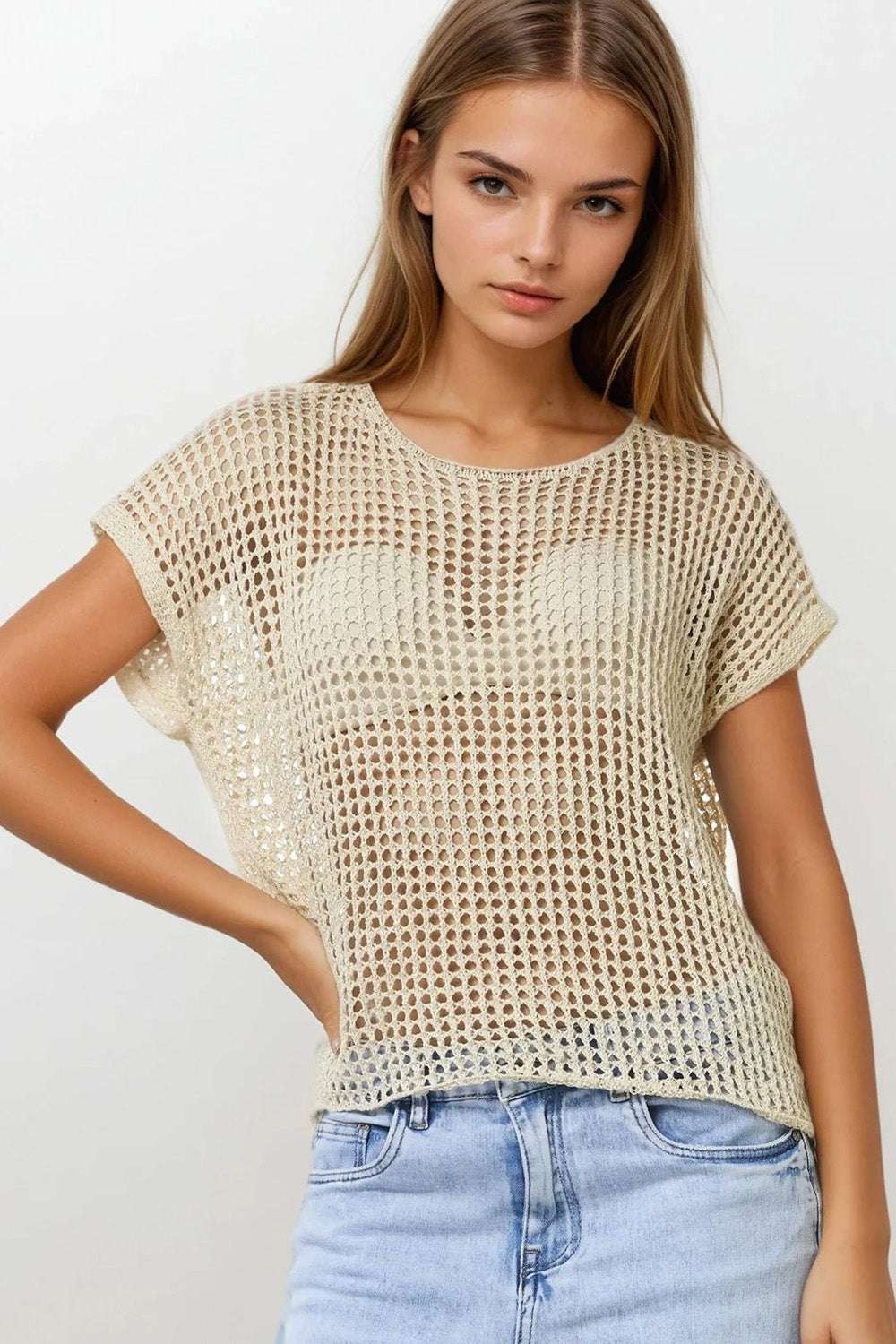 Open Knit Crochet dropped Sleeved Top in Beige - Jumpers