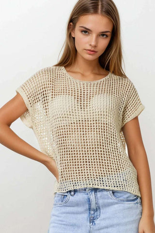 Open Knit Crochet dropped Sleeved Top in Beige