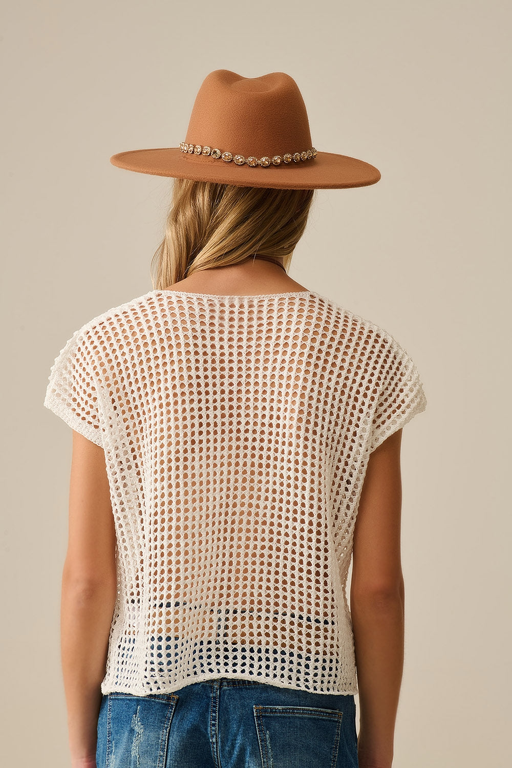 Open Knit Crochet dropped Sleeved Top in white - Jumpers