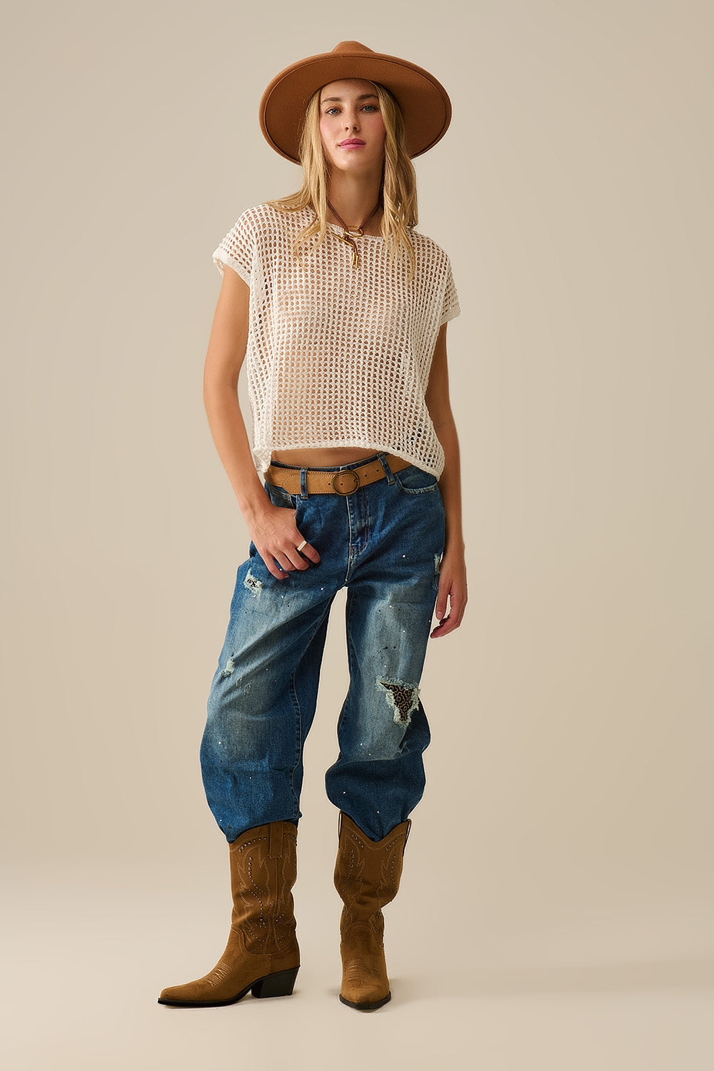 Open Knit Crochet dropped Sleeved Top in white - Jumpers