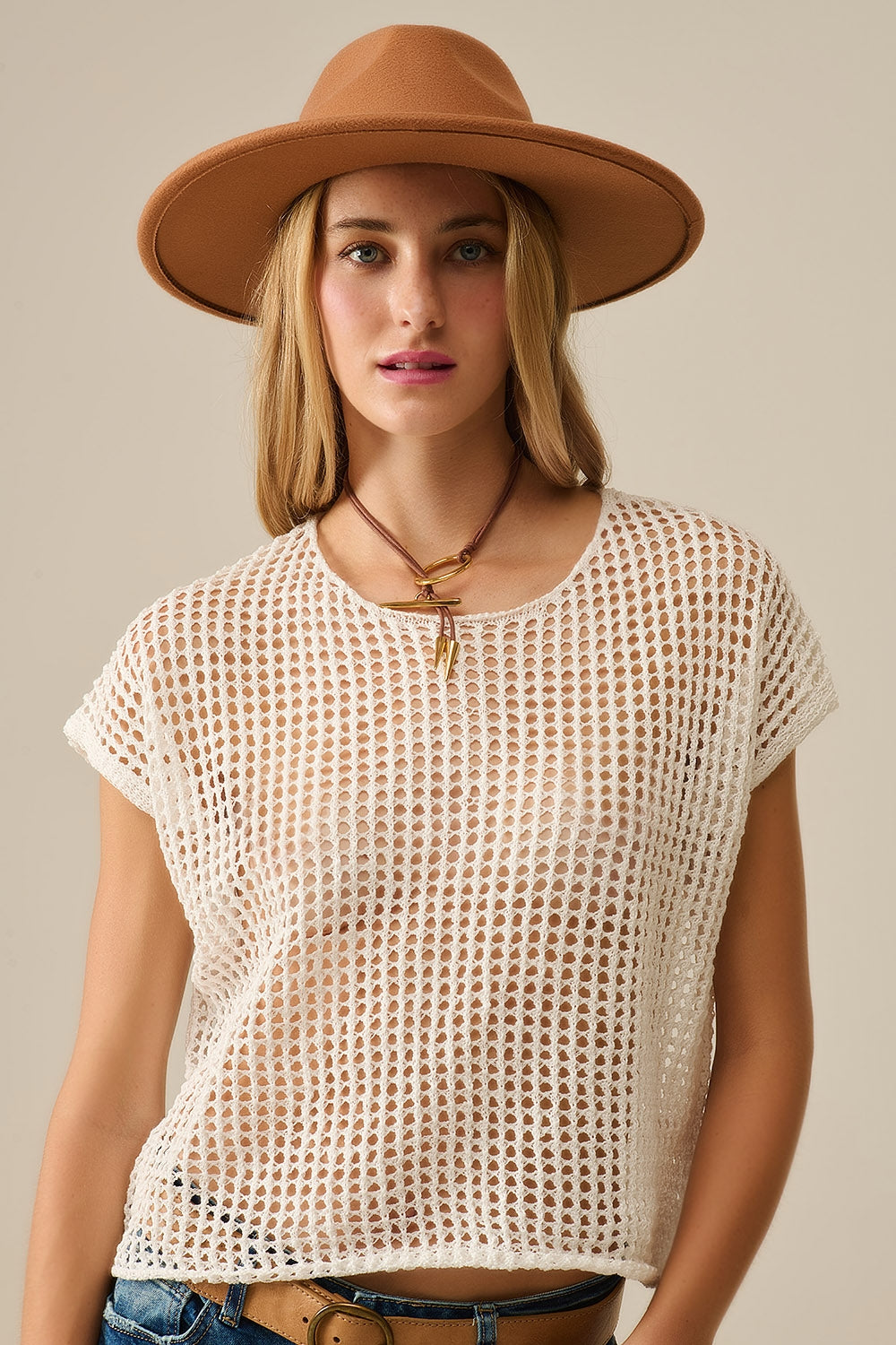 Open Knit Crochet dropped Sleeved Top in white - Jumpers