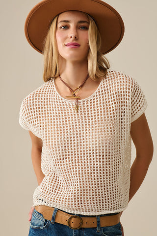 Open Knit Crochet dropped Sleeved Top in white