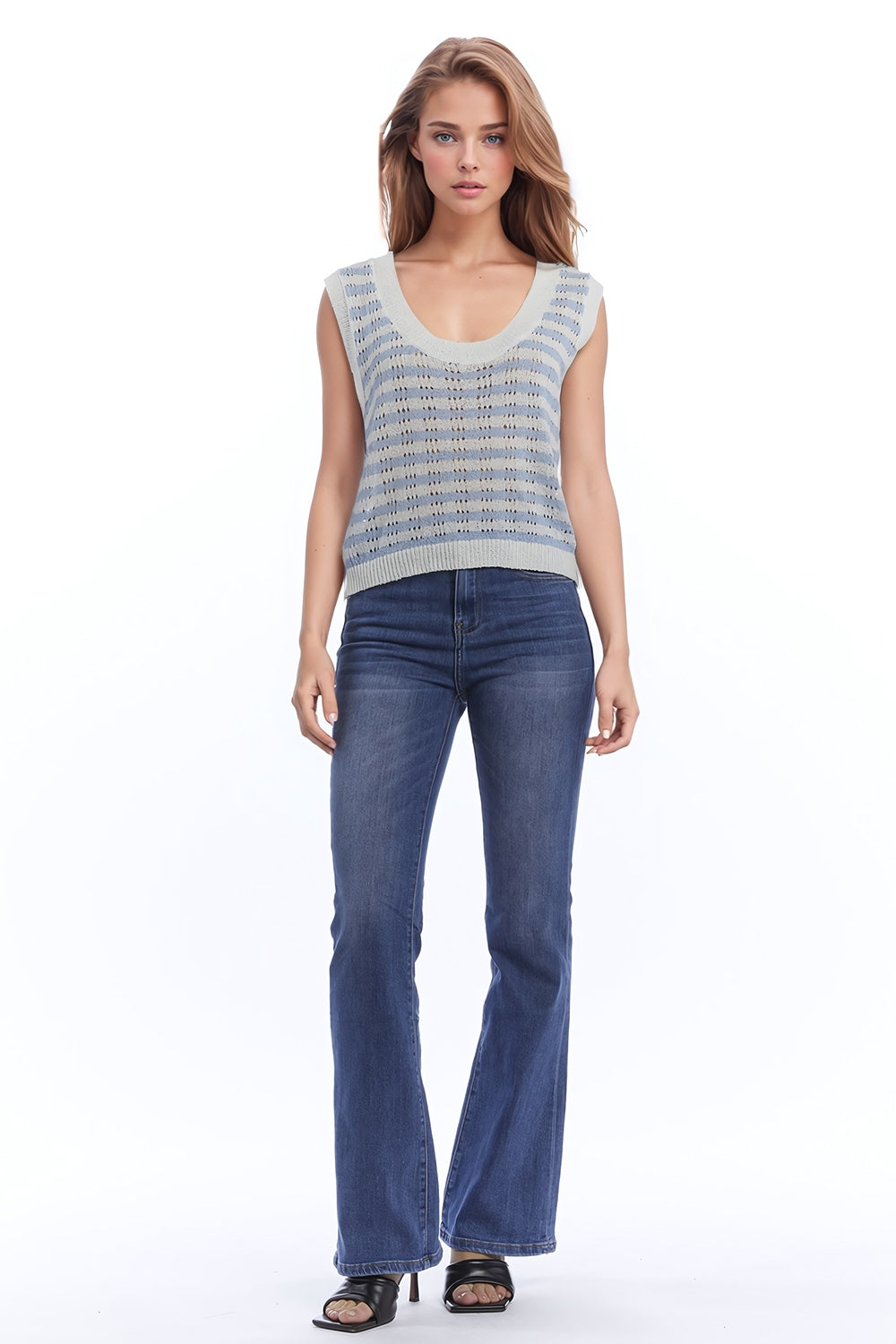 Open Knit Cropped Striped Sleeveless sweater in Blue and White - Jumpers