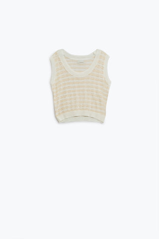 Open Knit Cropped Striped Sleeveless sweater in cream and White