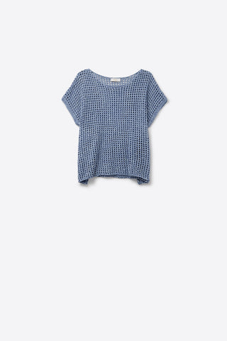 Open-knit dropped Short-sleeved Top in blue