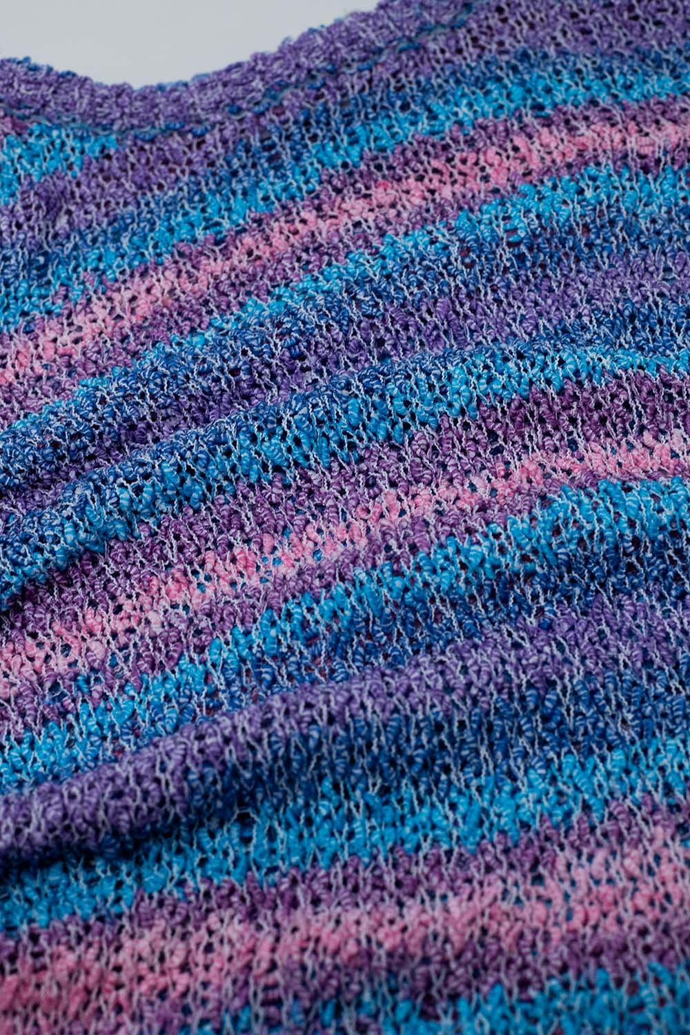 Open Knit Stripey Crew Neck Sweater in Shades of Purple and Blue - Jumpers