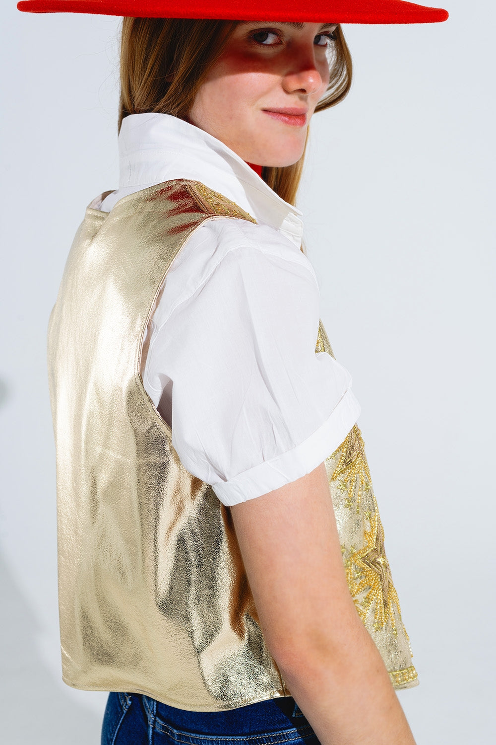 Open Vest With Embroidered Stars in Gold - Vests