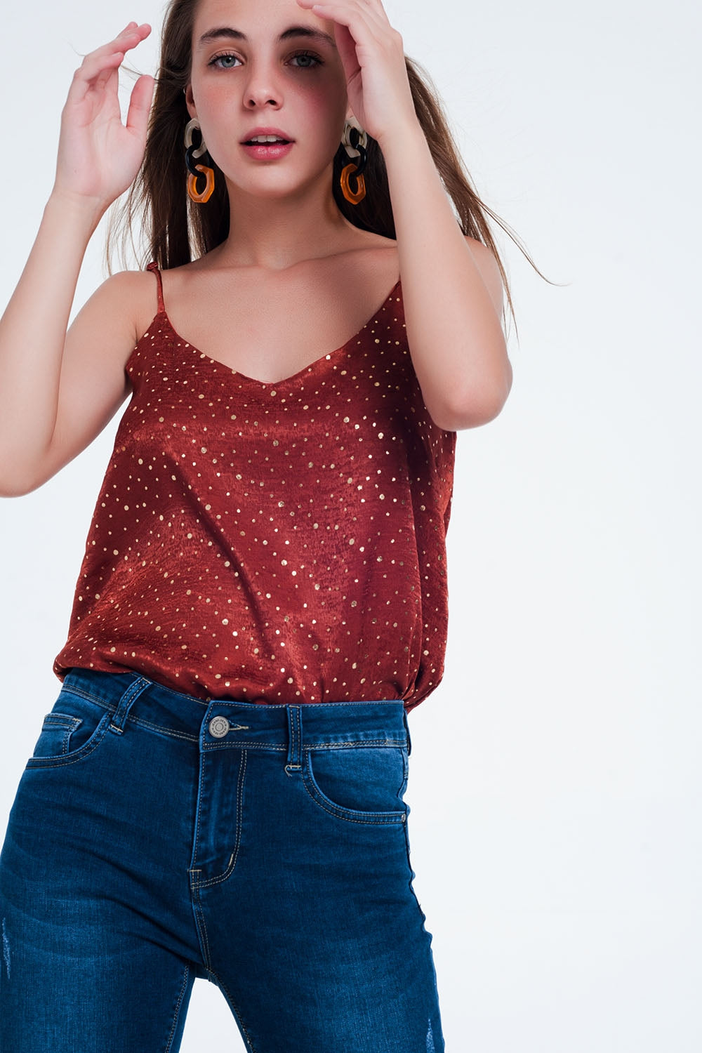 Orange polka dot strappy cami top - Cami Tops