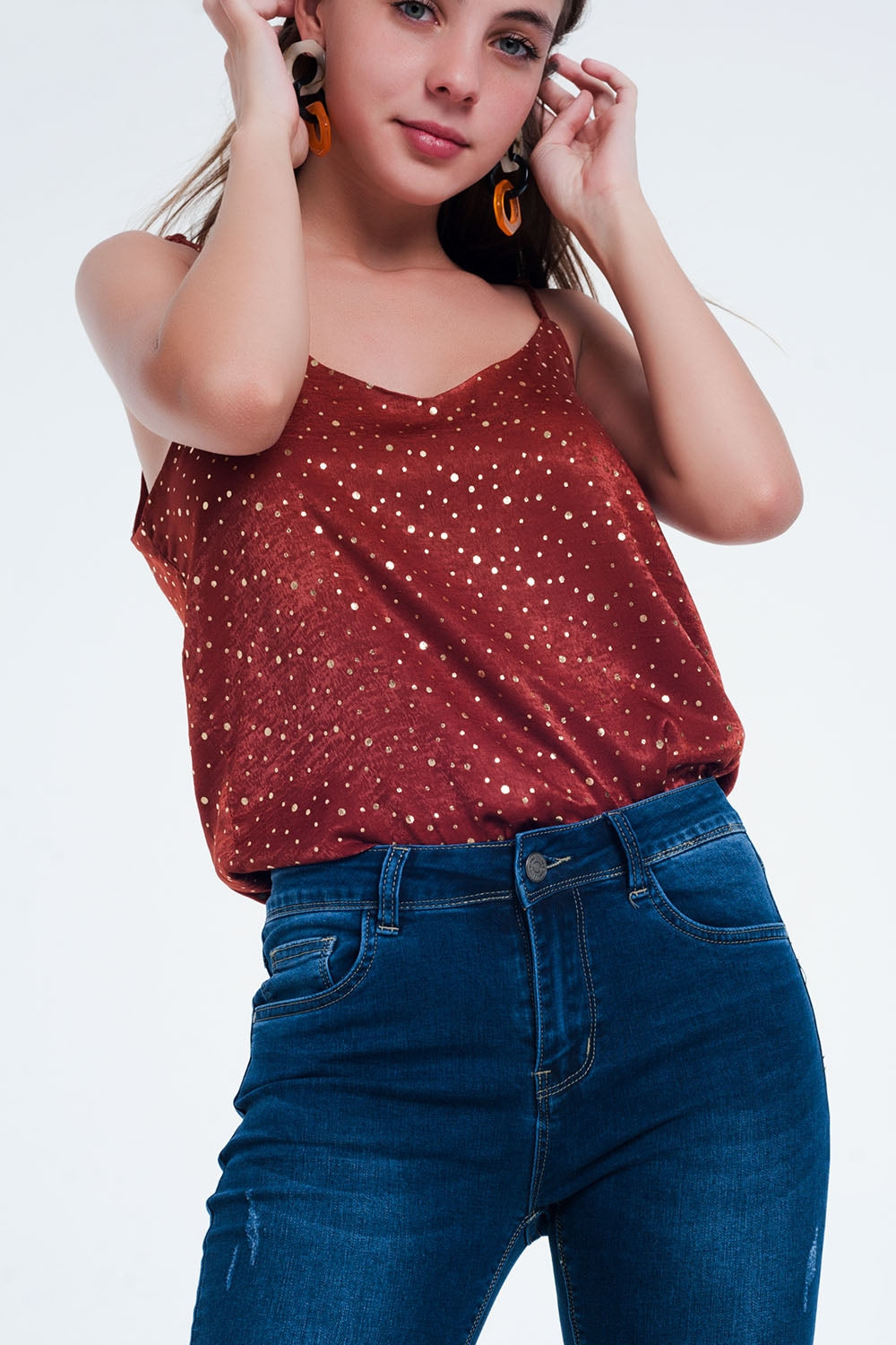 Orange polka dot strappy cami top - Cami Tops