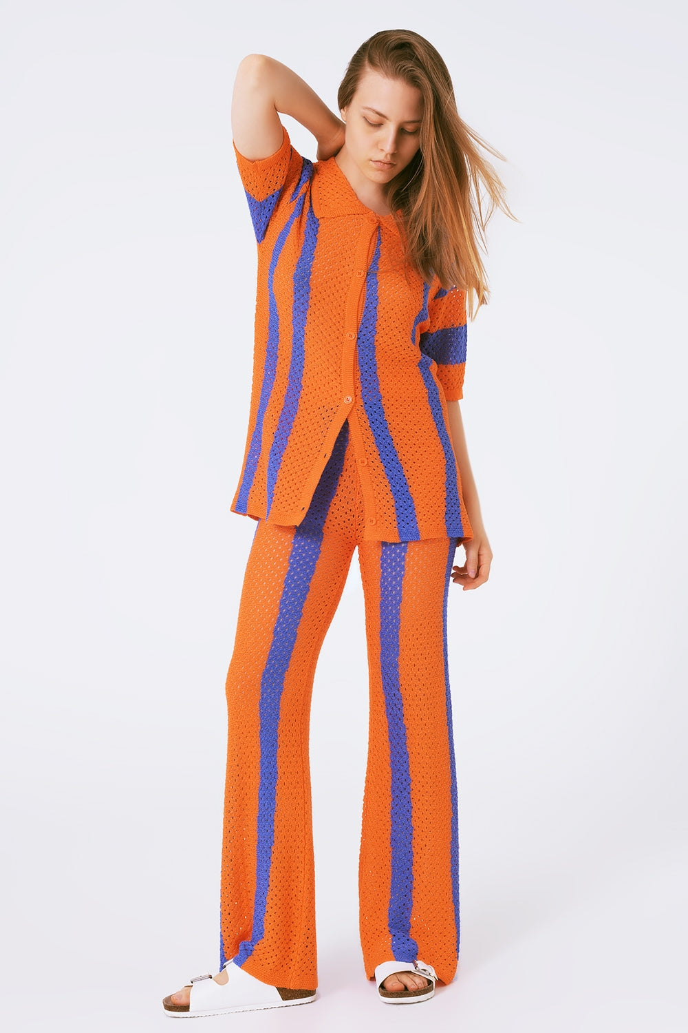 Orange Striped Crochet Knitted Cardigan - Cardigans