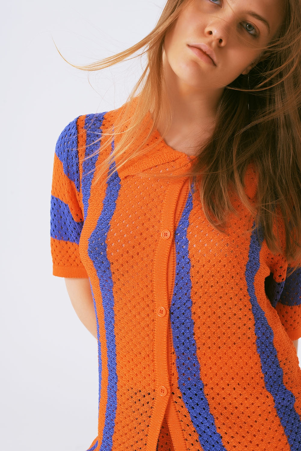 Orange Striped Crochet Knitted Cardigan - Cardigans