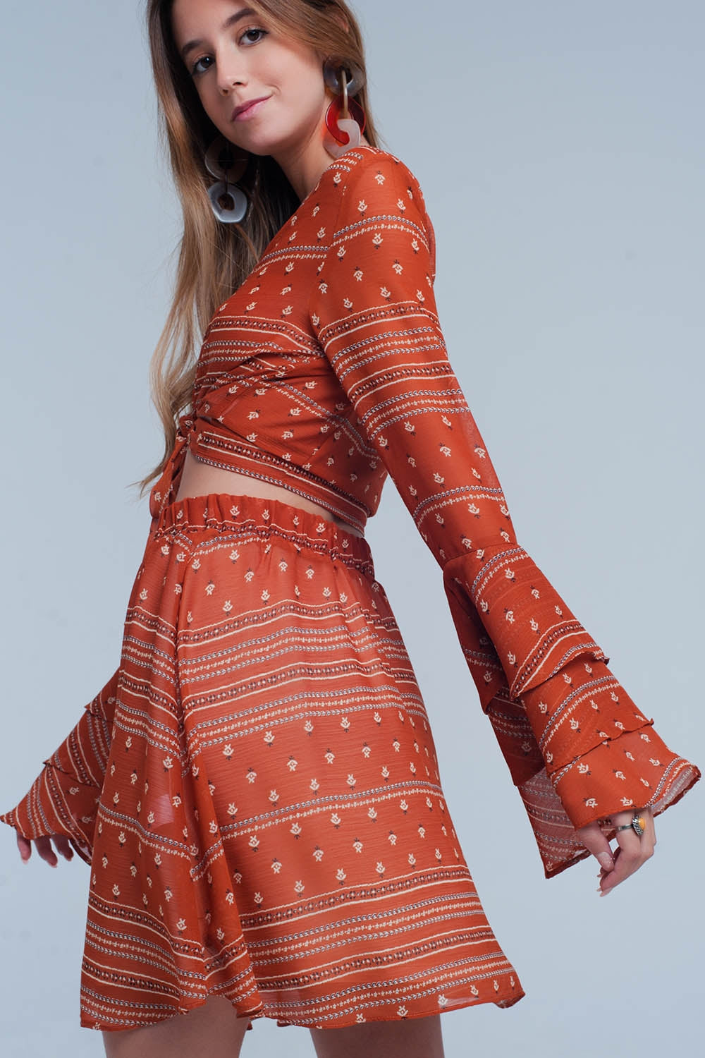 Orange Tie Front Mixed Print Crop Top - Crop Tops