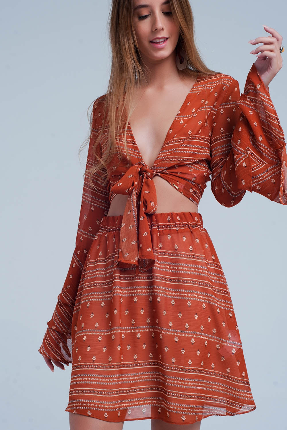 Orange Tie Front Mixed Print Crop Top - Crop Tops