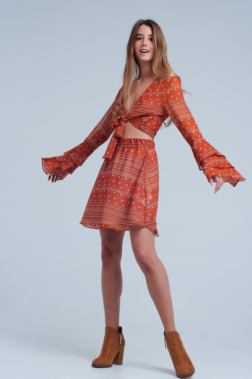 Orange Tie Front Mixed Print Crop Top - Crop Tops