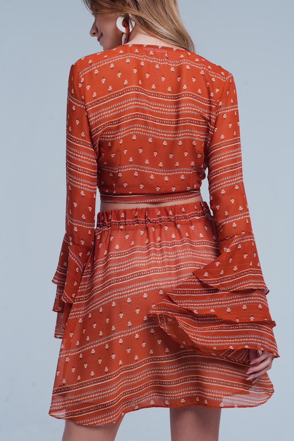 Orange Tie Front Mixed Print Crop Top - Crop Tops