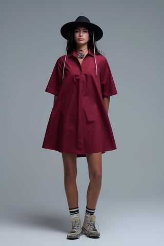 Oversized 3/4 Sleeve Poplin Dress Burgundy