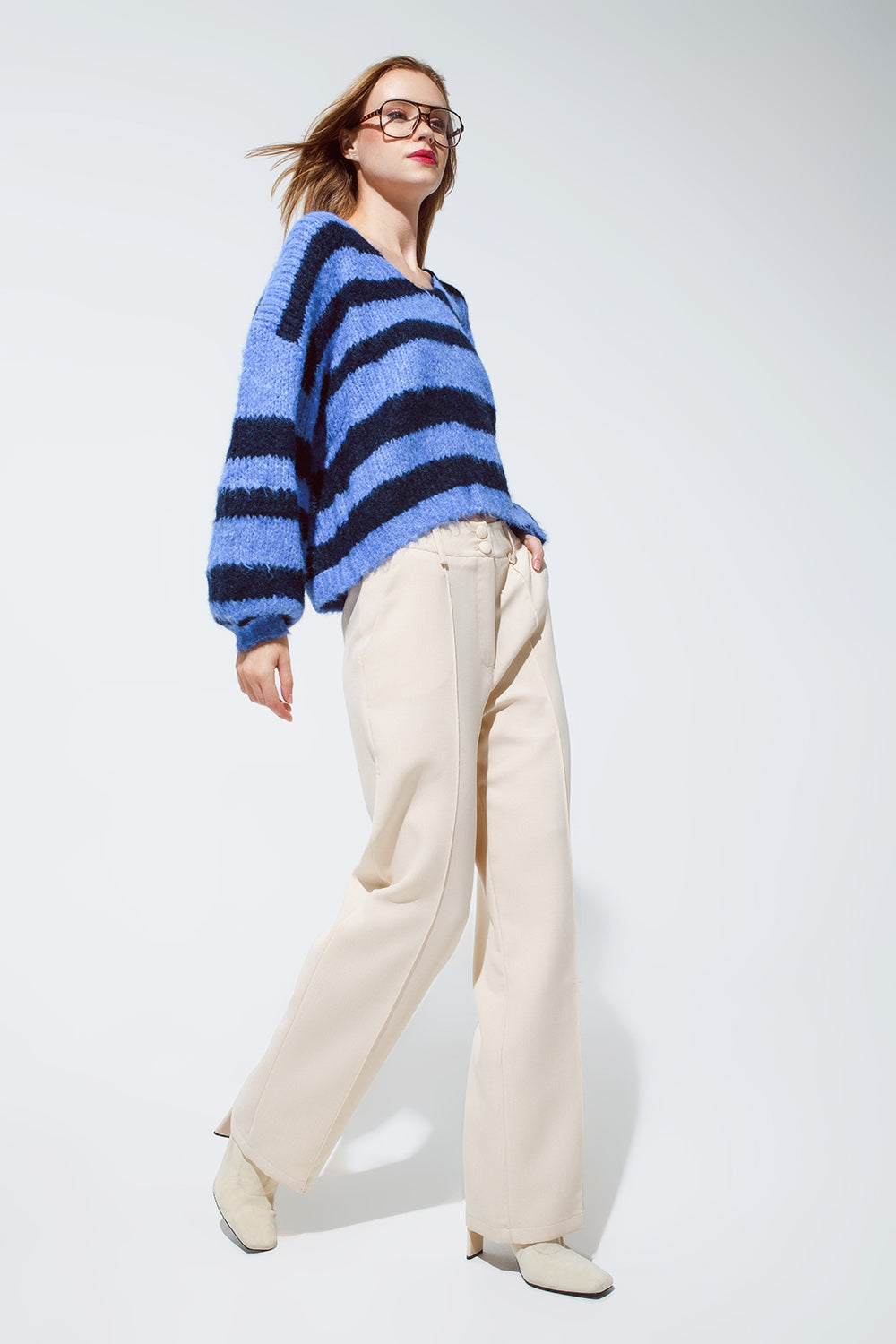 Oversized Blue Stripy Fluffy Sweater With Balloon Sleeves Q2 Sweaters BoutiqueLua