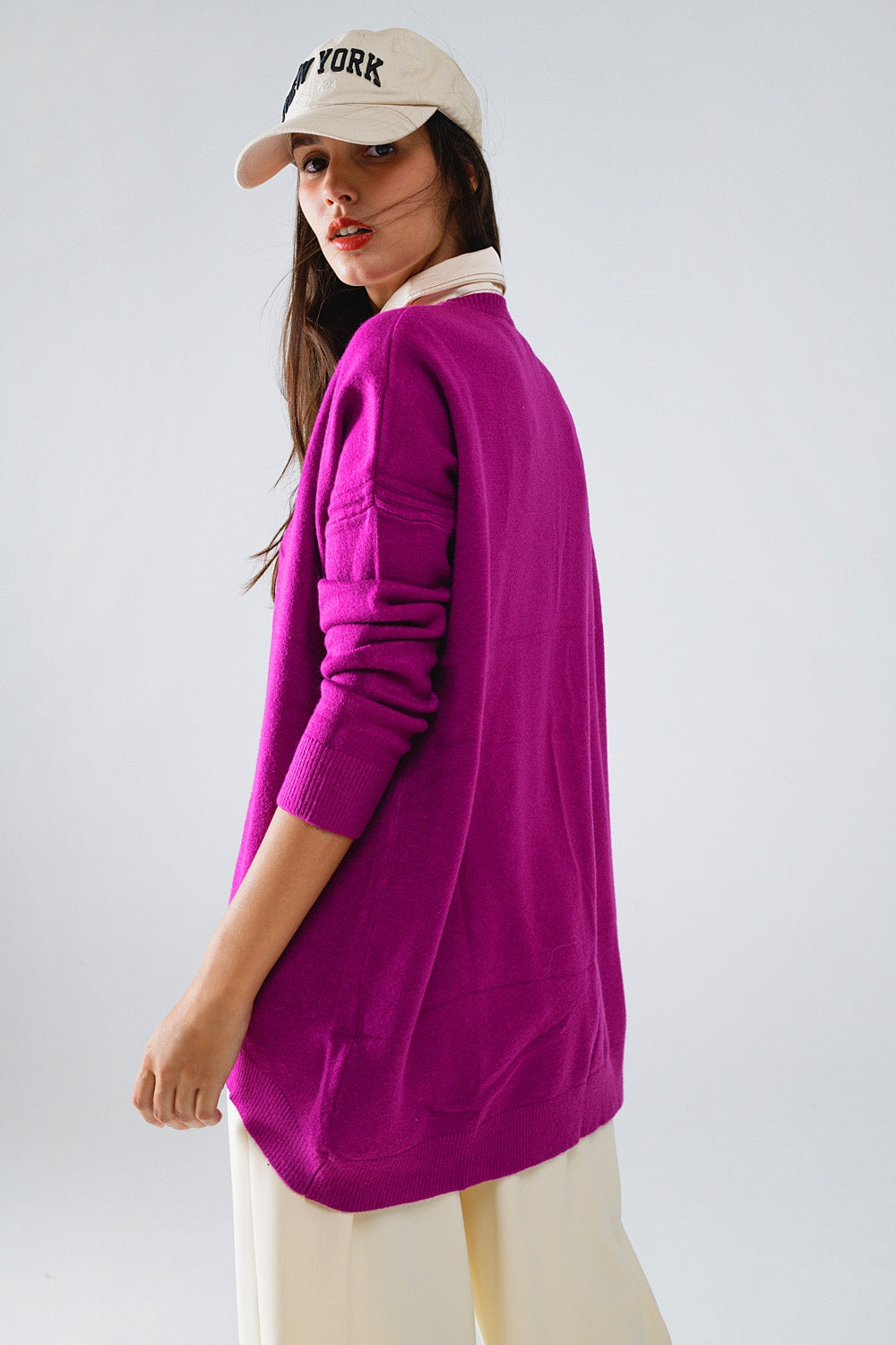 Oversized Crew Neck Long Sleeve Sweater in Fuchsia - Sweaters