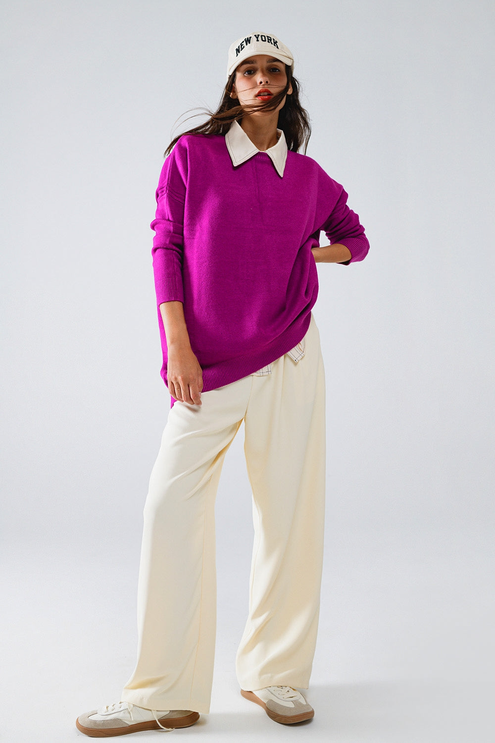 Oversized Crew Neck Long Sleeve Sweater in Fuchsia - Sweaters