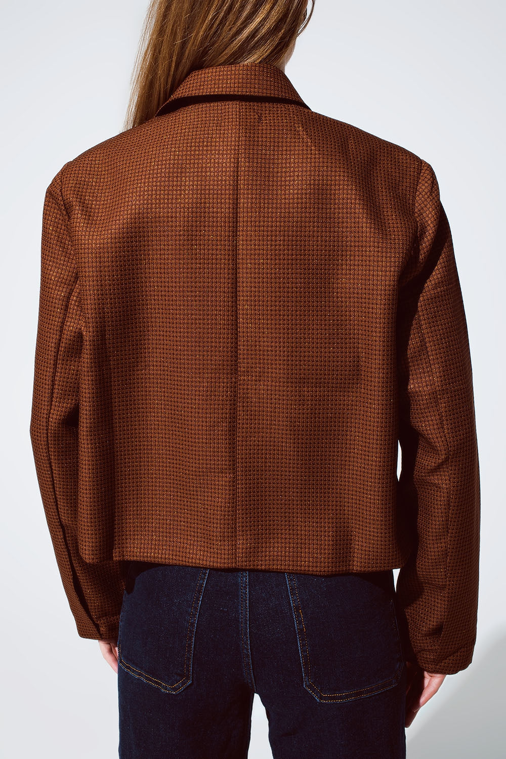 Oversized Cropped Blazer Vichy Design And Metallic Details In Brown - Blazers