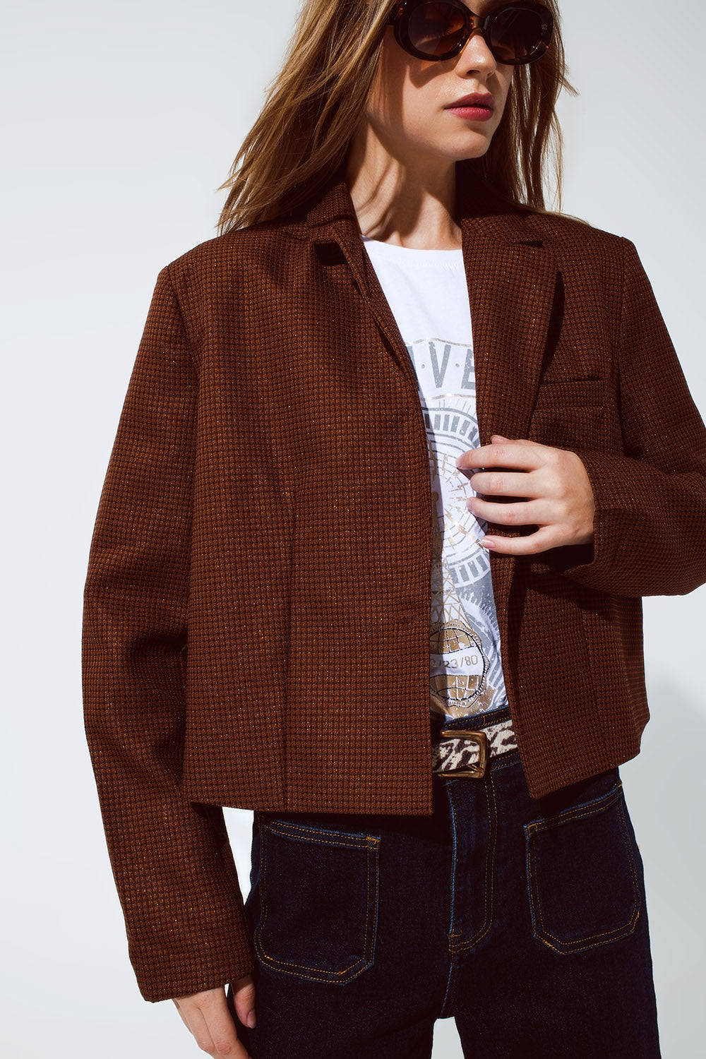 Oversized Cropped Blazer Vichy Design And Metallic Details In Brown - Blazers