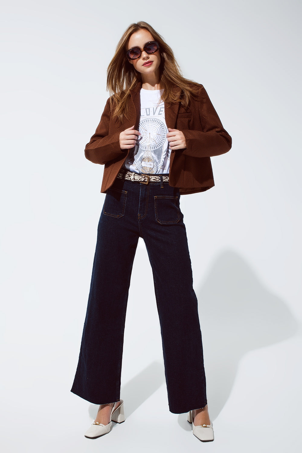 Oversized Cropped Blazer Vichy Design And Metallic Details In Brown - Blazers