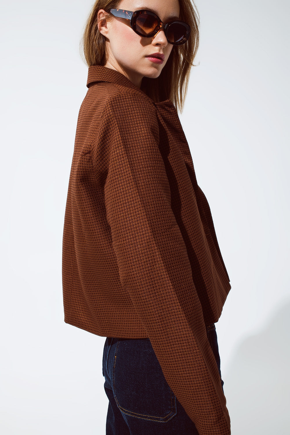 Oversized Cropped Blazer Vichy Design And Metallic Details In Brown - Blazers