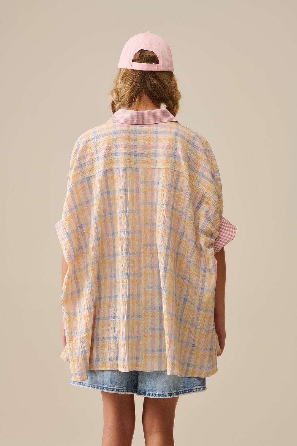 Oversized Flowy Blouse with Checked Contrast - Blouses
