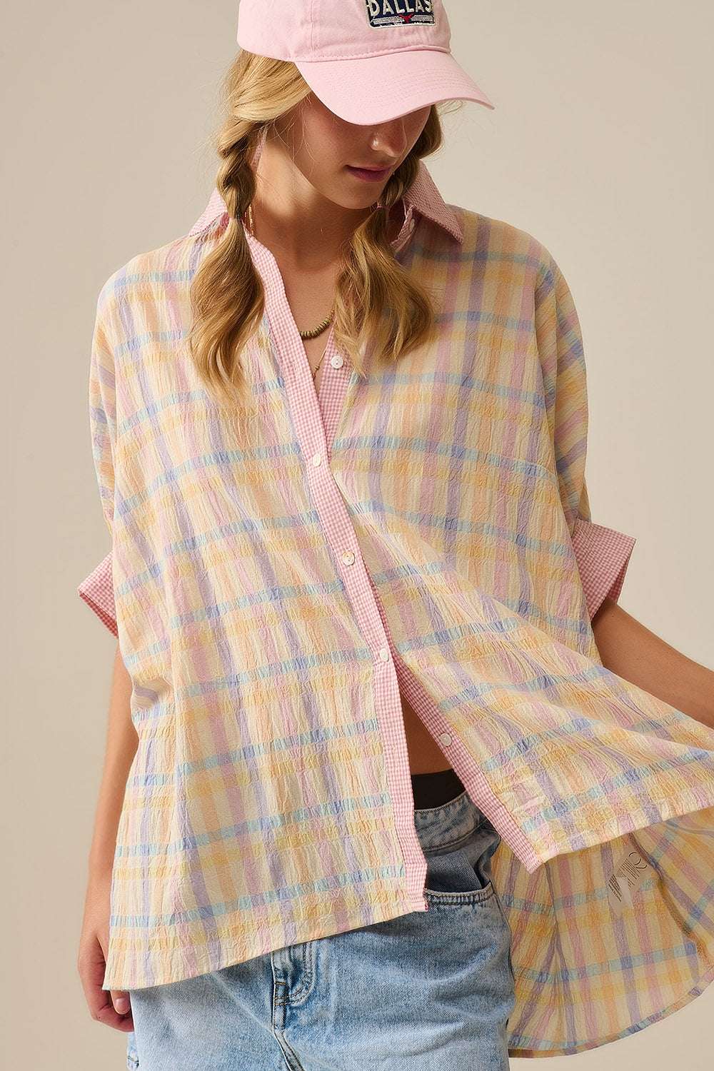 Oversized Flowy Blouse with Checked Contrast - Blouses