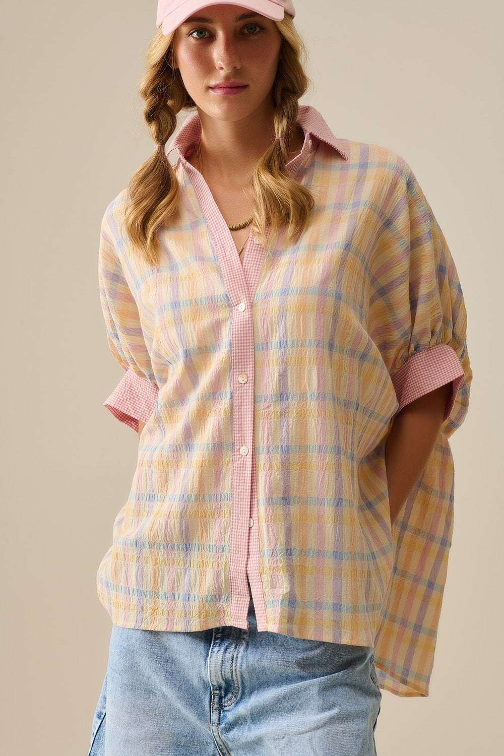 Oversized Flowy Blouse with Checked Contrast - Blouses