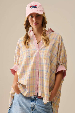 Oversized Flowy Blouse with Checked Contrast