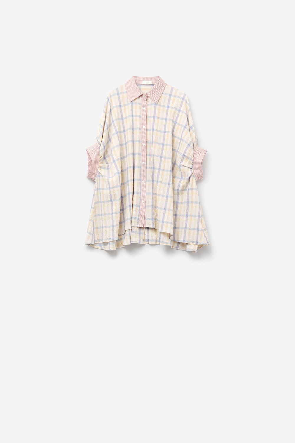 Oversized Flowy Blouse with Checked Contrast - Blouses