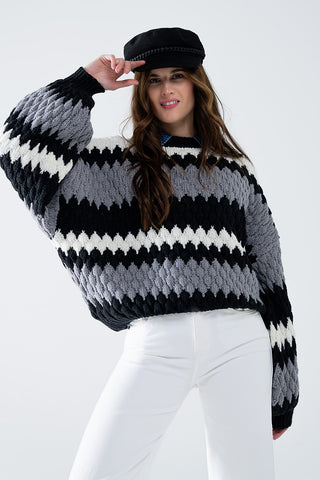 pull surdimensionné à rayures en zigzag gris