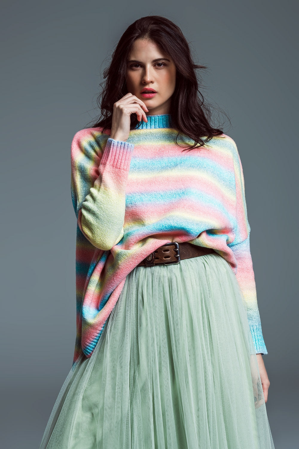 Oversized Multicolor High Necke Sweater With Side Slits - Jumpers